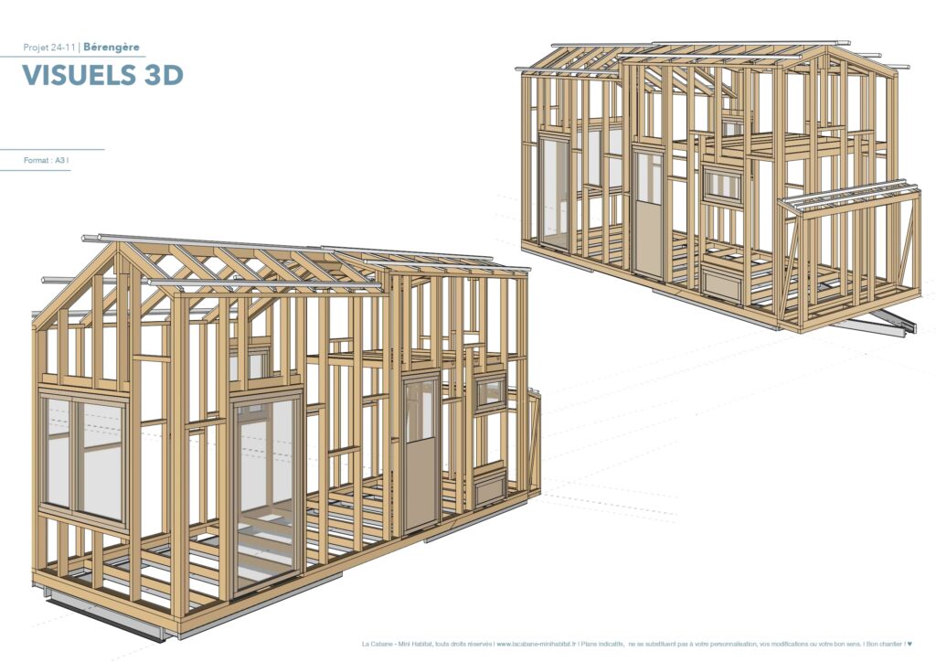 3D tiny house ossature bois sur sketchup toiture double pans, charpente, plancher, solivage, fenêtres