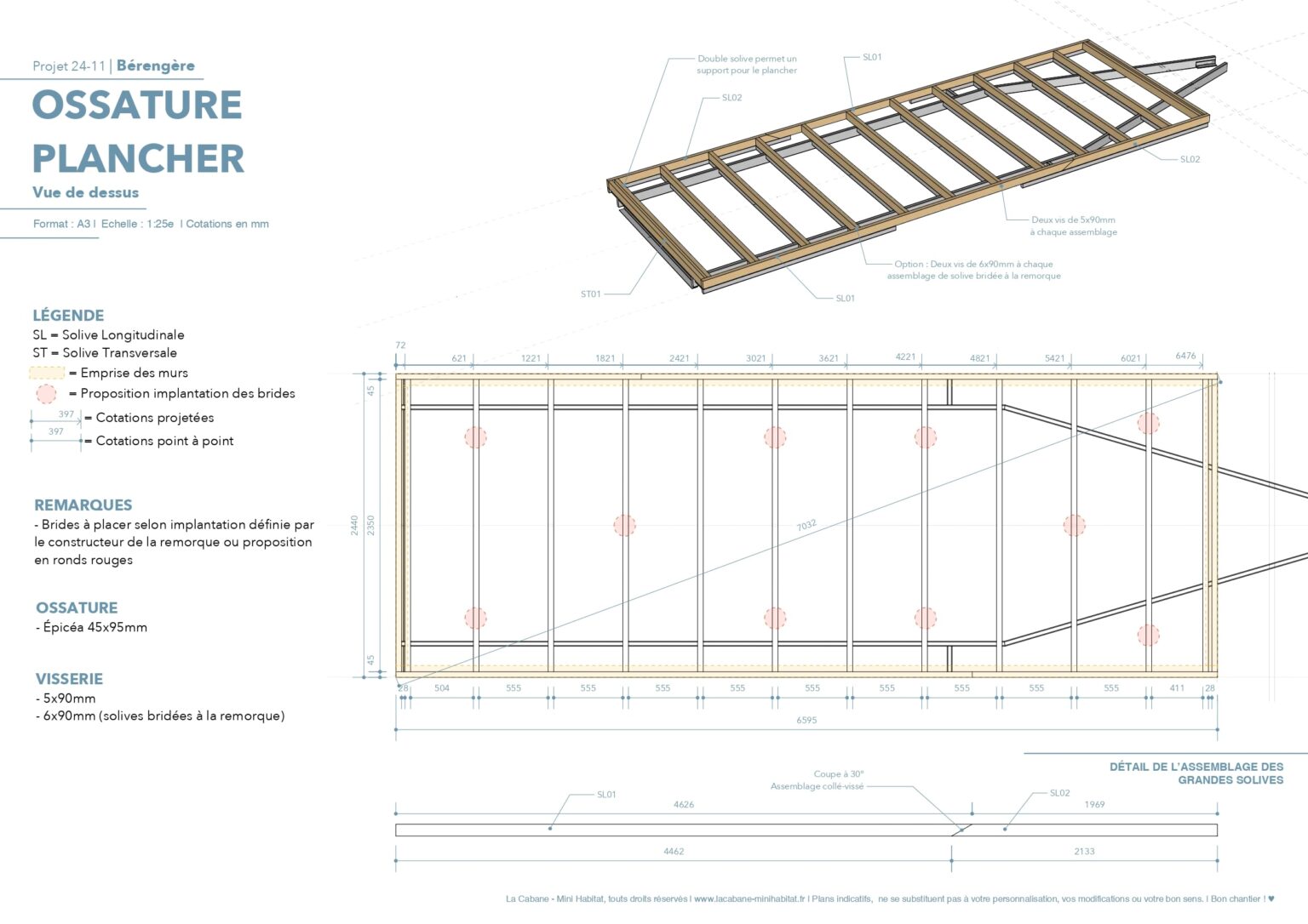 plan tinyhouse et 3D sketchup, plancher et solivage coté avec remorque et brides de fixation
