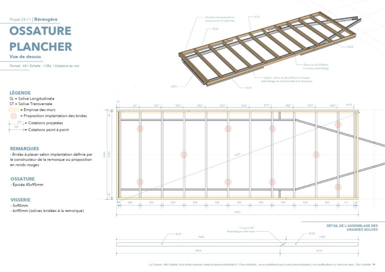 plan tinyhouse et 3D sketchup, plancher et solivage coté avec remorque et brides de fixation