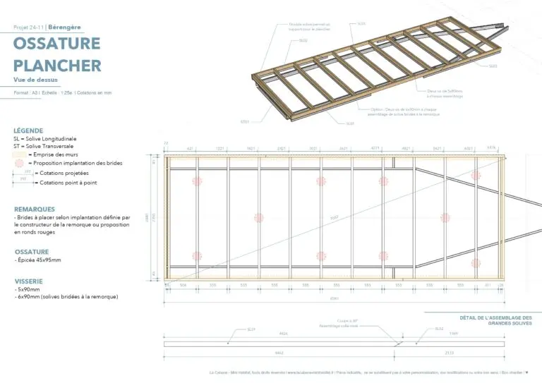 plan tinyhouse et 3D sketchup, plancher et solivage coté avec remorque et brides de fixation