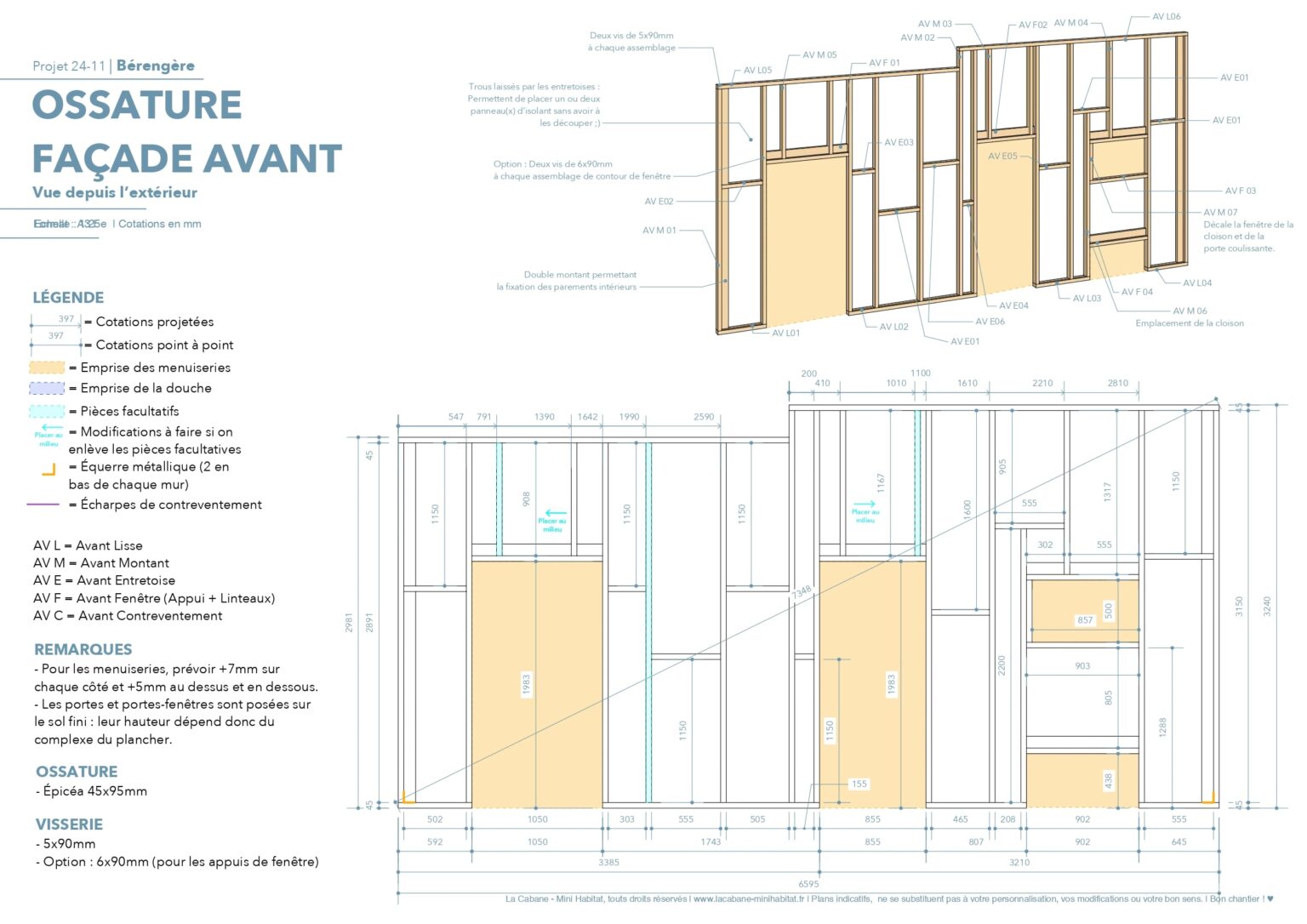 plan tinyhouse mur ossature bois, plan coté et en 3d sketchup, porte et fenêtres, contreventement, entretoises