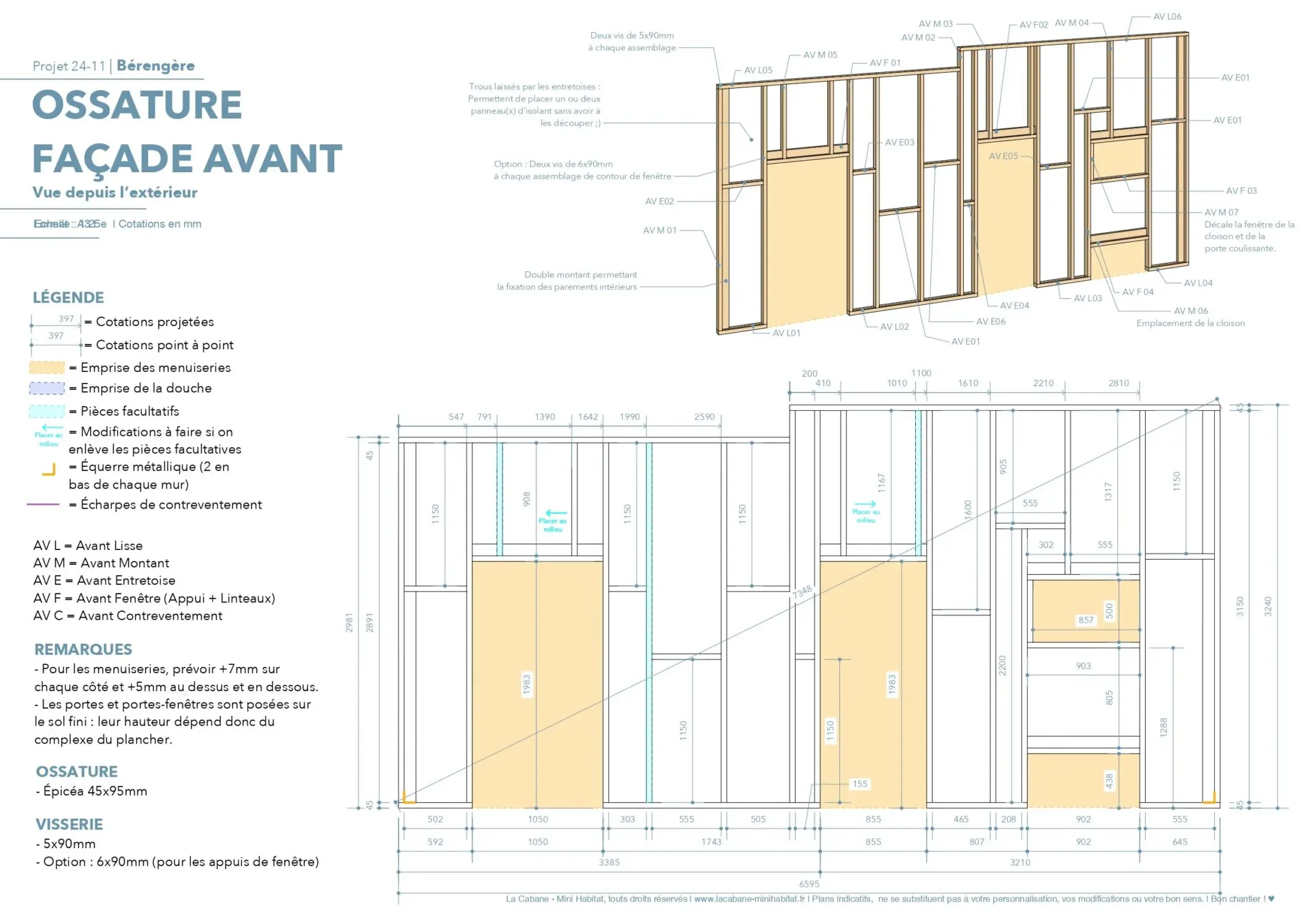 24-11 – Bérengère EXEMPLE – OB ind A3_compressed_page-0004-min plan tinyhouse mur ossature bois, plan coté et en 3d sketchup, porte et fenêtres, contreventement, entretoises