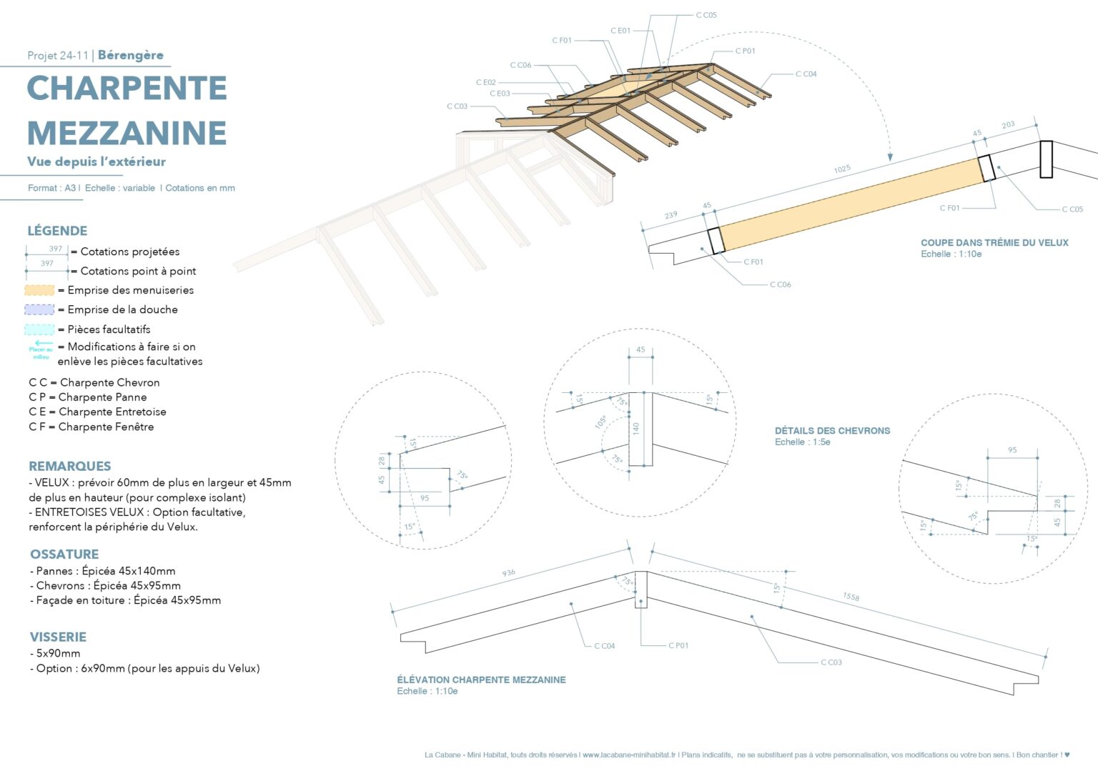 plans de tiny house et 3d sketchup - charpente en bois 2 pans avec velux