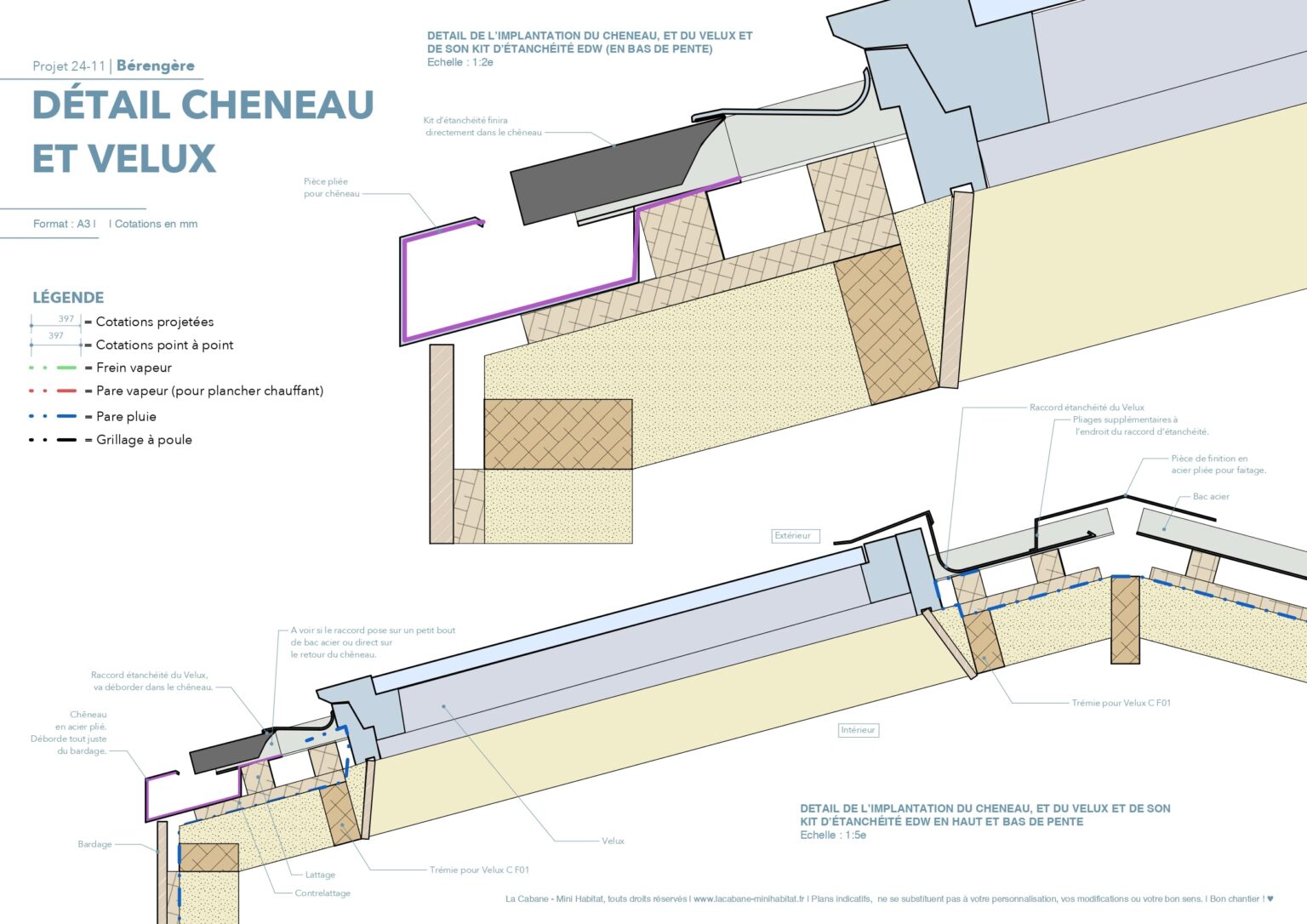 plan tiny house toiture avec velux et goutière, toiture deux pans, charpente, isolation, étanchéité.