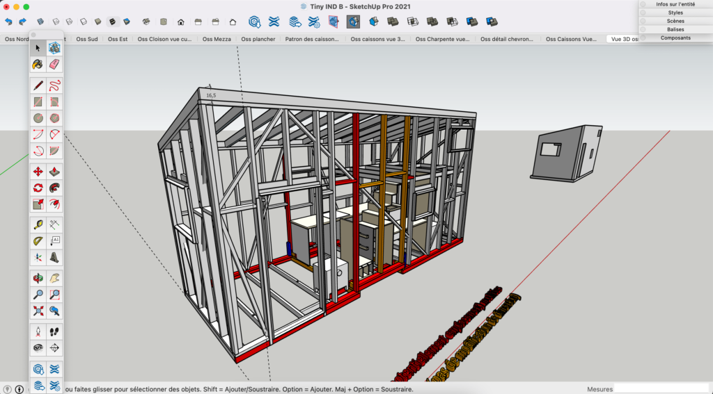 ossature bois sketchup d'une tinyhouse