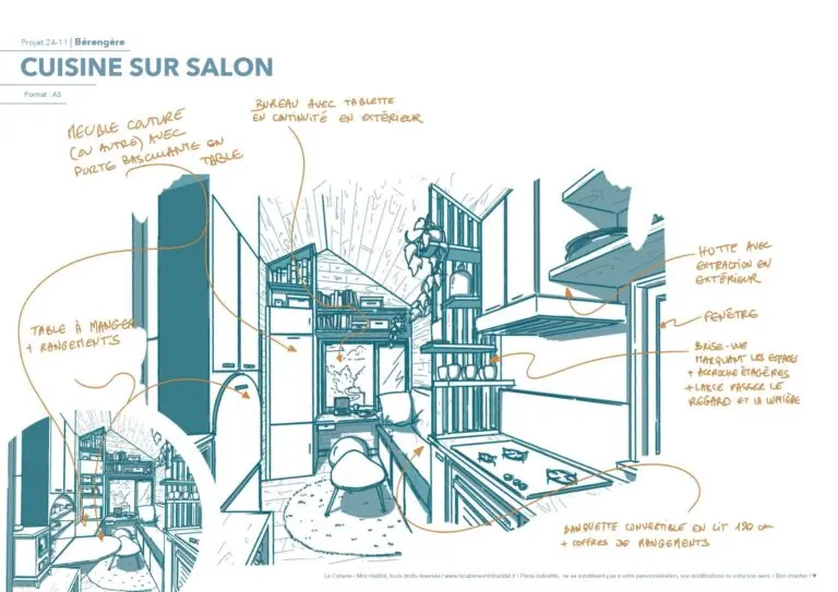 dessin tinyhouse cuisine et salon