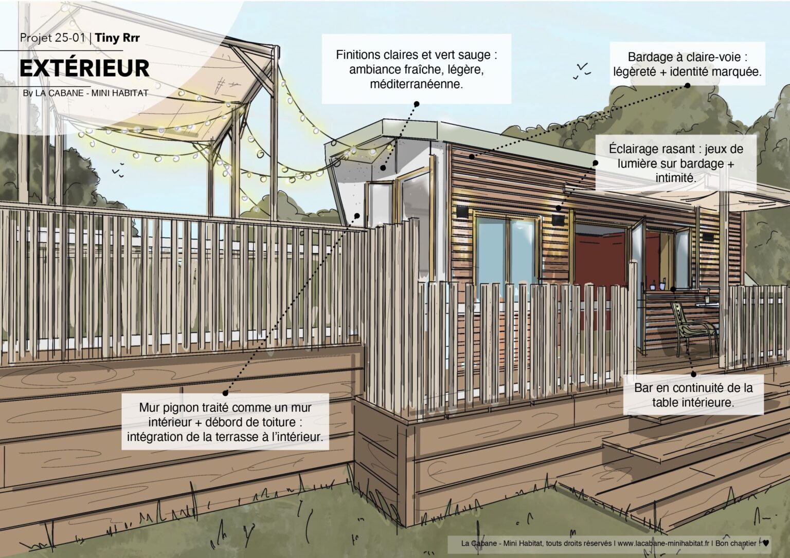 tiny house BDSM love room exterieuer bardage bois et terasse