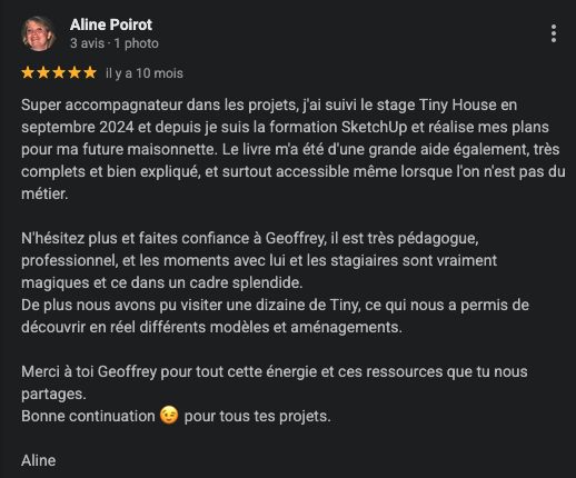 avis accompagnement et stage tiny house 5 étoiles